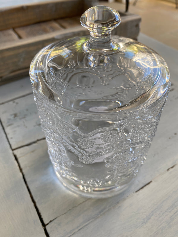 Floral embossed Glass jar with lid
